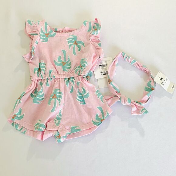 NWT Grayson Mini Baby Girl Romper Headband Newborn NB Pink Tropical Ruffle Boho - Picture 1 of 5